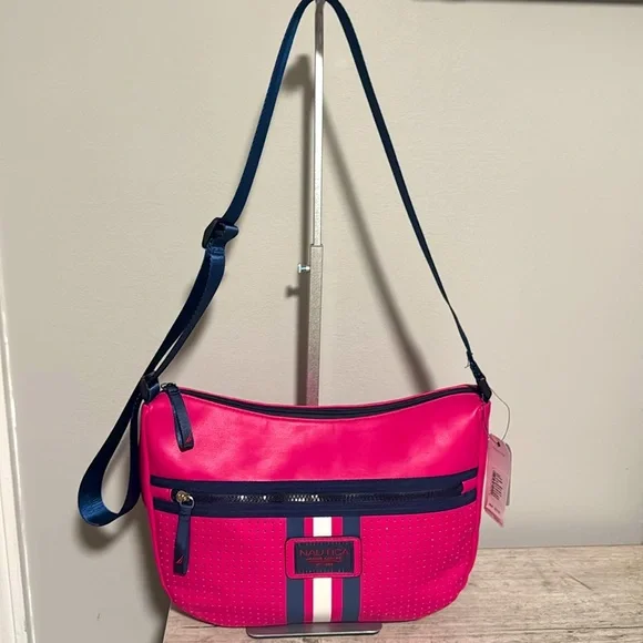 Nautica Vibrant Pink Crossbody Bag with Navy Accents - Picture 1 of 14